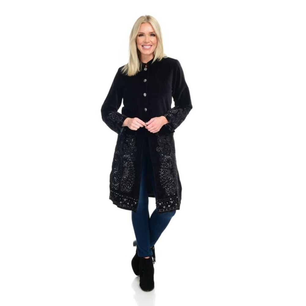 Indigo Moon Embroidered Velvet Long Sleeve Full-Length Sequined Coat - XS - NWT